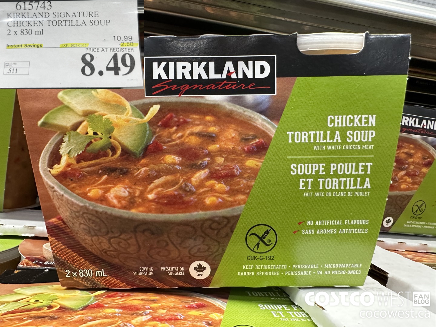 615743 KIRKLAND SIGNATURE CHICKEN TORTILLA SOUP 2 x 830 ml ($2.50 INSTANT SAVINGS EXPIRES ON 2023-01-15) $8.49