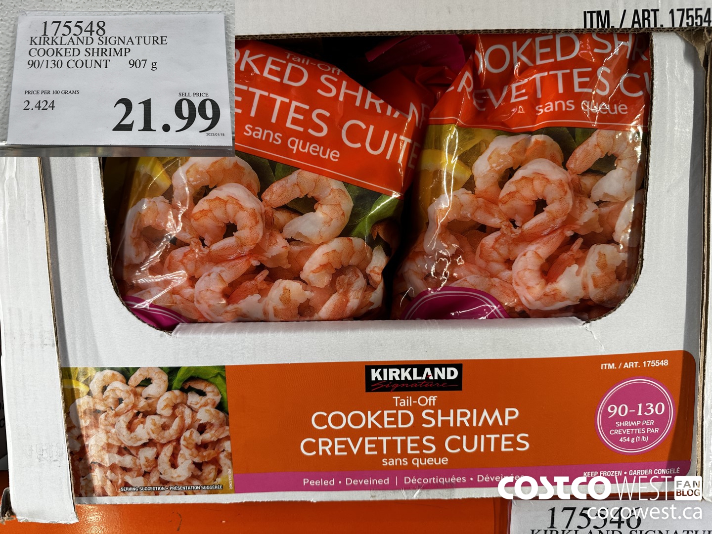 175548 KIRKLAND SIGNATURE COOKED SHRIMP 90/130 COUNT 907 g $21.99