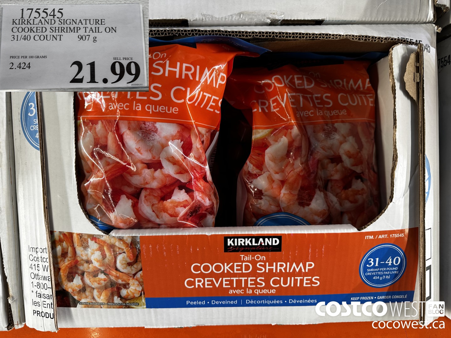 175545 KIRKLAND SIGNATURE COOKED SHRIMP TAIL ON 31/40 COUNT 907g $21.99