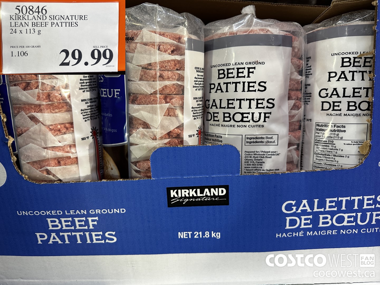 50846 KIRKLAND SIGNATURE LEAN BEEF PATTIES 24 x 113 g $29.99
