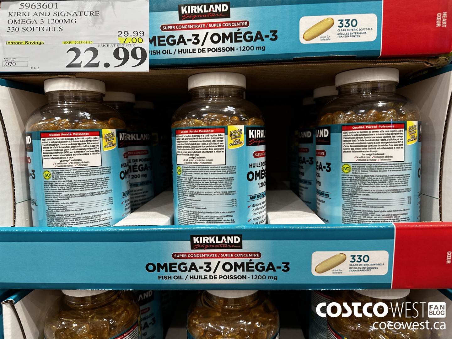 5963601 KIRKLAND SIGNATURE OMEGA 3 1200MG 330 SOFTGELS ($7.00 INSTANT SAVINGS EXPIRES ON 2023-01-15) $22.99