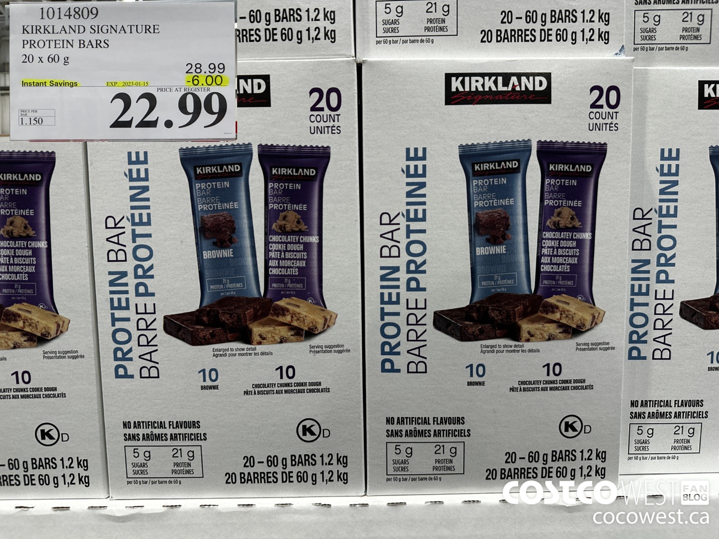 1014809 KIRKLAND SIGNATURE PROTEIN BARS 20 X 60G ($6.00 INSTANT SAVINGS EXPIRES ON 2023-01-15) $22.99