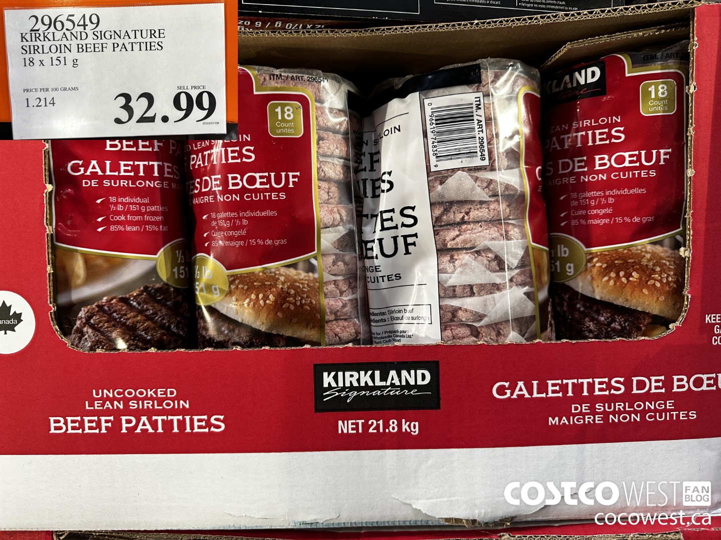 296549 KIRKLAND SIGNATURE SIRLOIN BEEF PATTIES 18 x 151 g $32.99