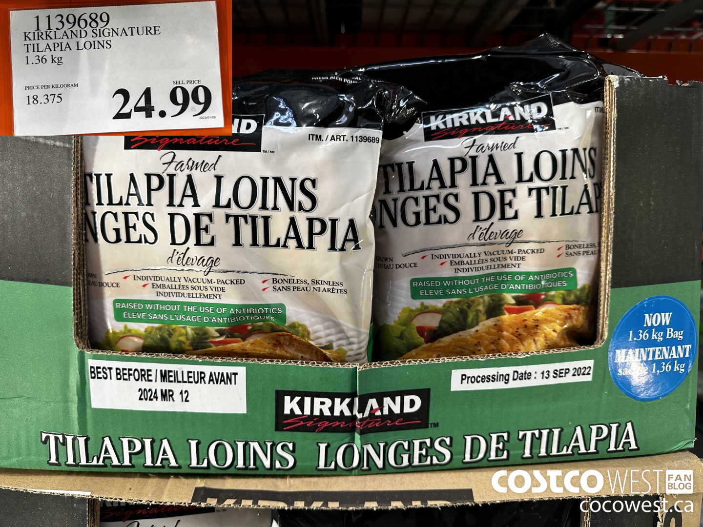 1139689 KIRKLAND SIGNATURE TILAPIA LOINS 1.36 kg $24.99