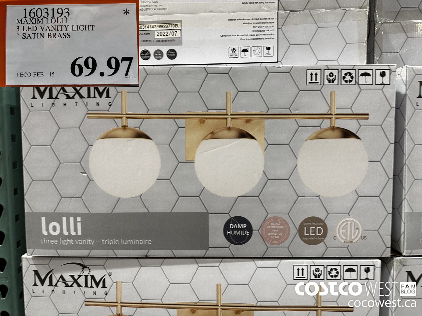 1603193 MAXIM LOLLI 3 LED VANITY LIGHT SATIN BRASS $69.97