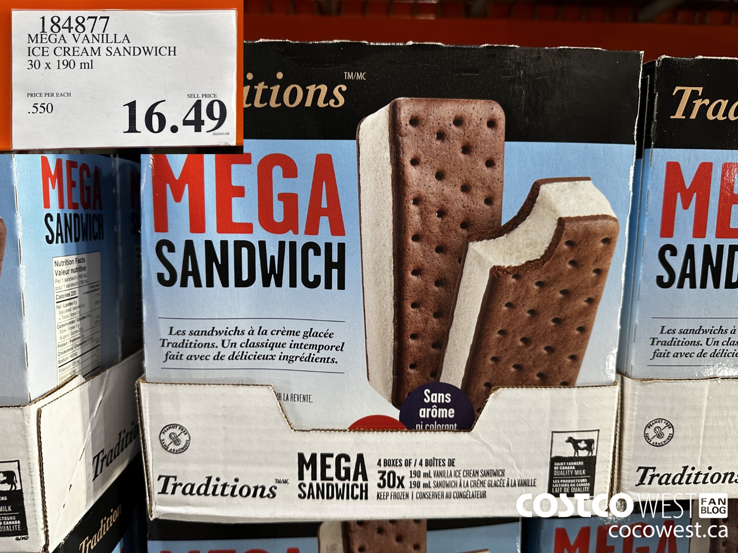184877 MEGA VANILLA ICE CREAM SANDWICH 30 X 190 ML $16.49