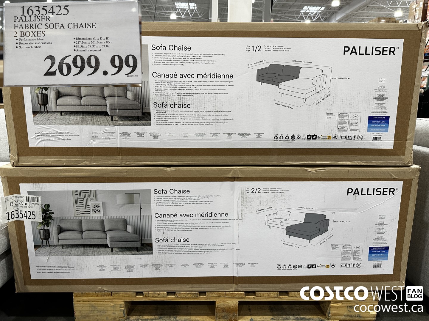 1635425 PALLISER FABRIC SOFA CHAISE 2 BOXES $2699.99