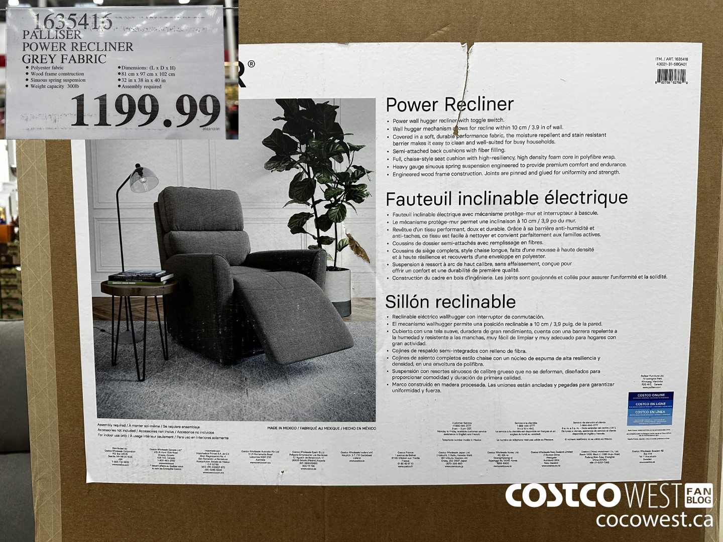 1635416 PALLISER POWER RECLINER GREY FABRIC $1199.99
