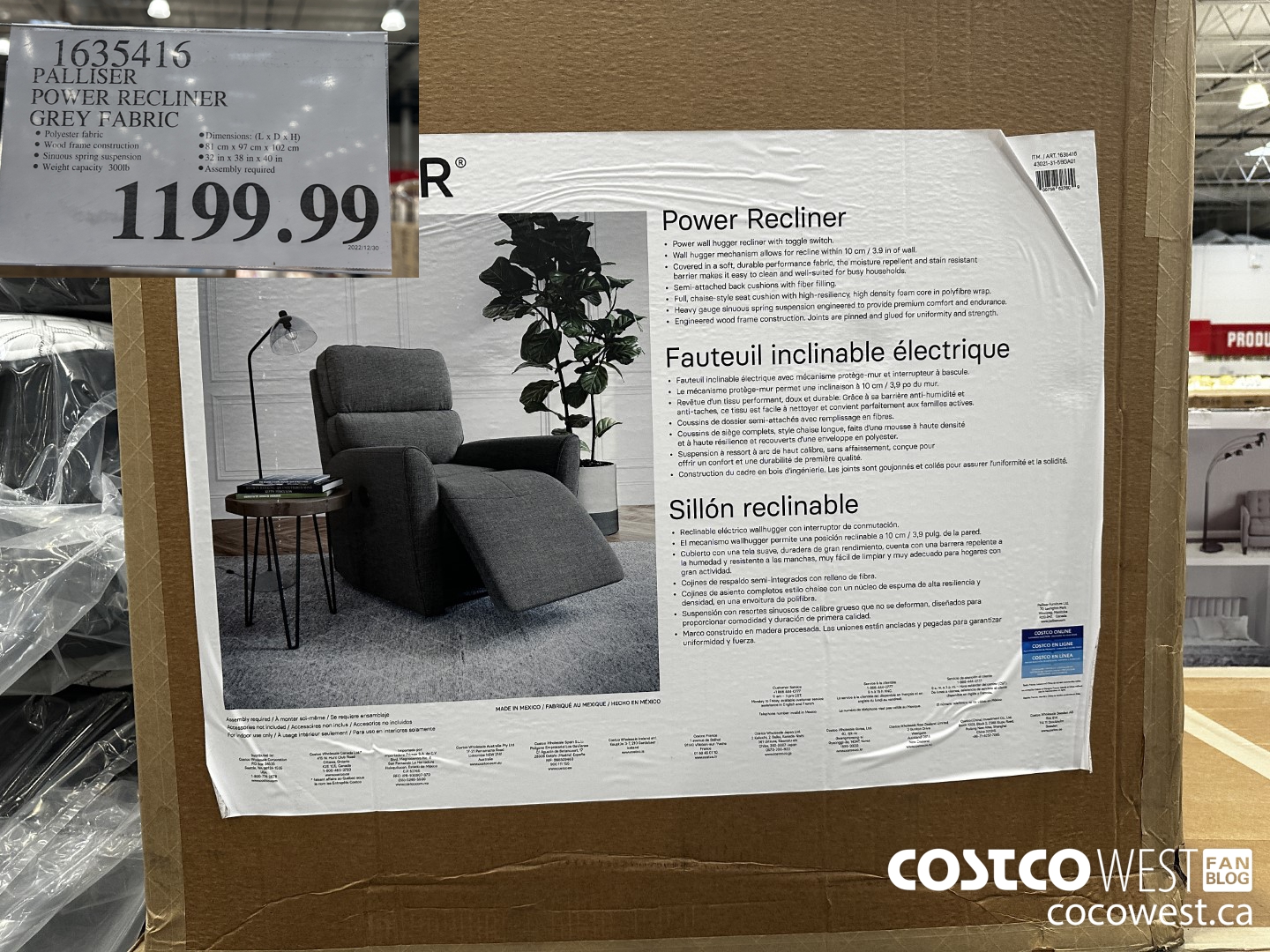 1635416 PALLISER POWER RECLINER GREY FABRIC $1199.99