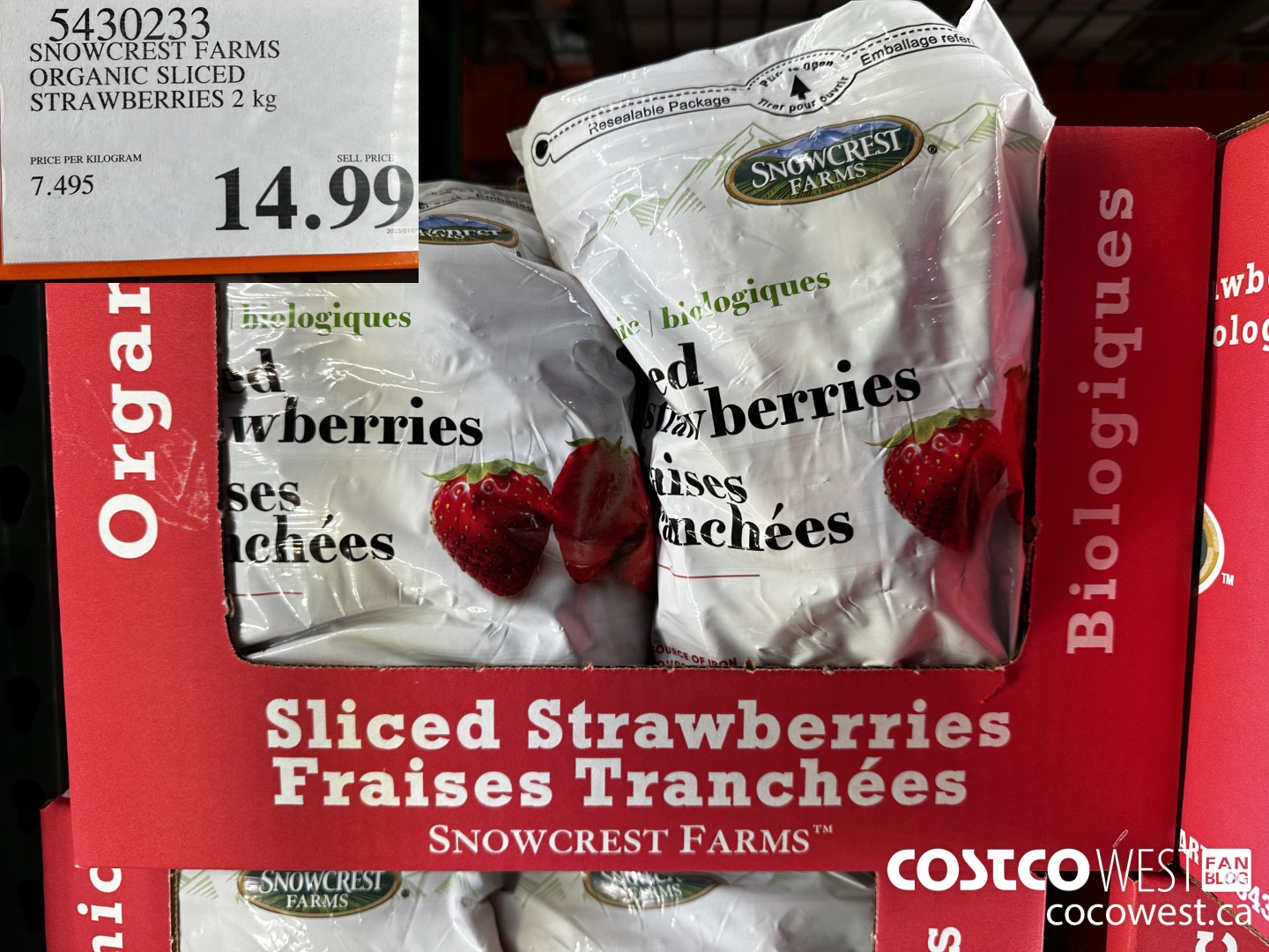 5430233 SNOWCREST ORGANIC SLICED STRAWBERRIES 2 kg $14.99
