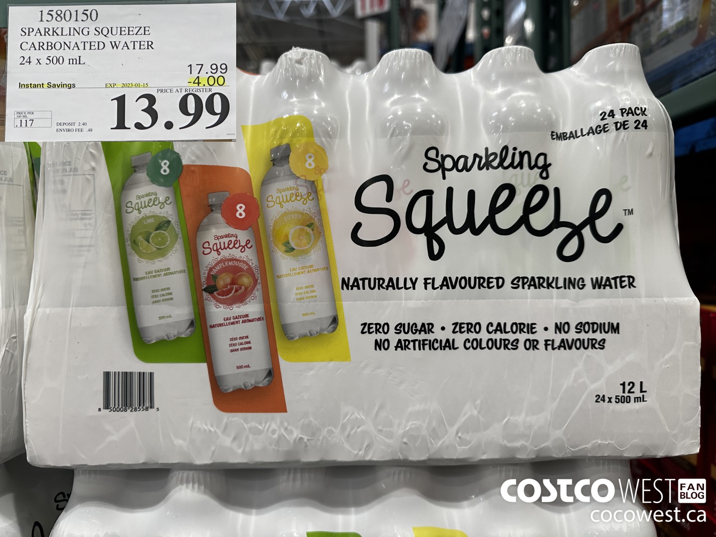1580150 SPARKLING SQUEEZE CARBONATED WATER 24 x 500 mL ($4.00 INSTANT SAVINGS EXPIRES ON 2023-01-15) $13.99