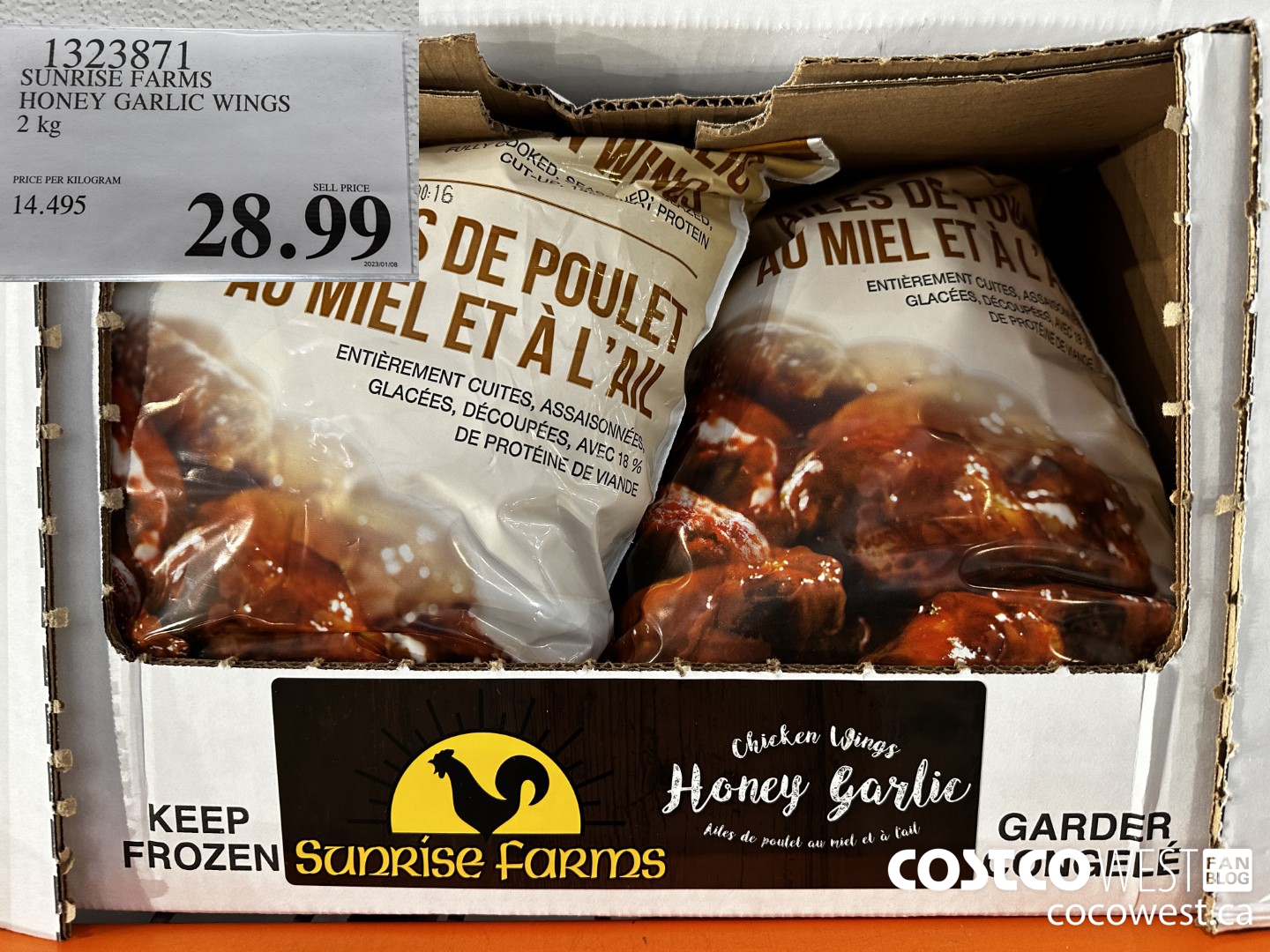 1323871 SUNRISE FARMS HONEY GARLIC WINGS 2 kg $28.99