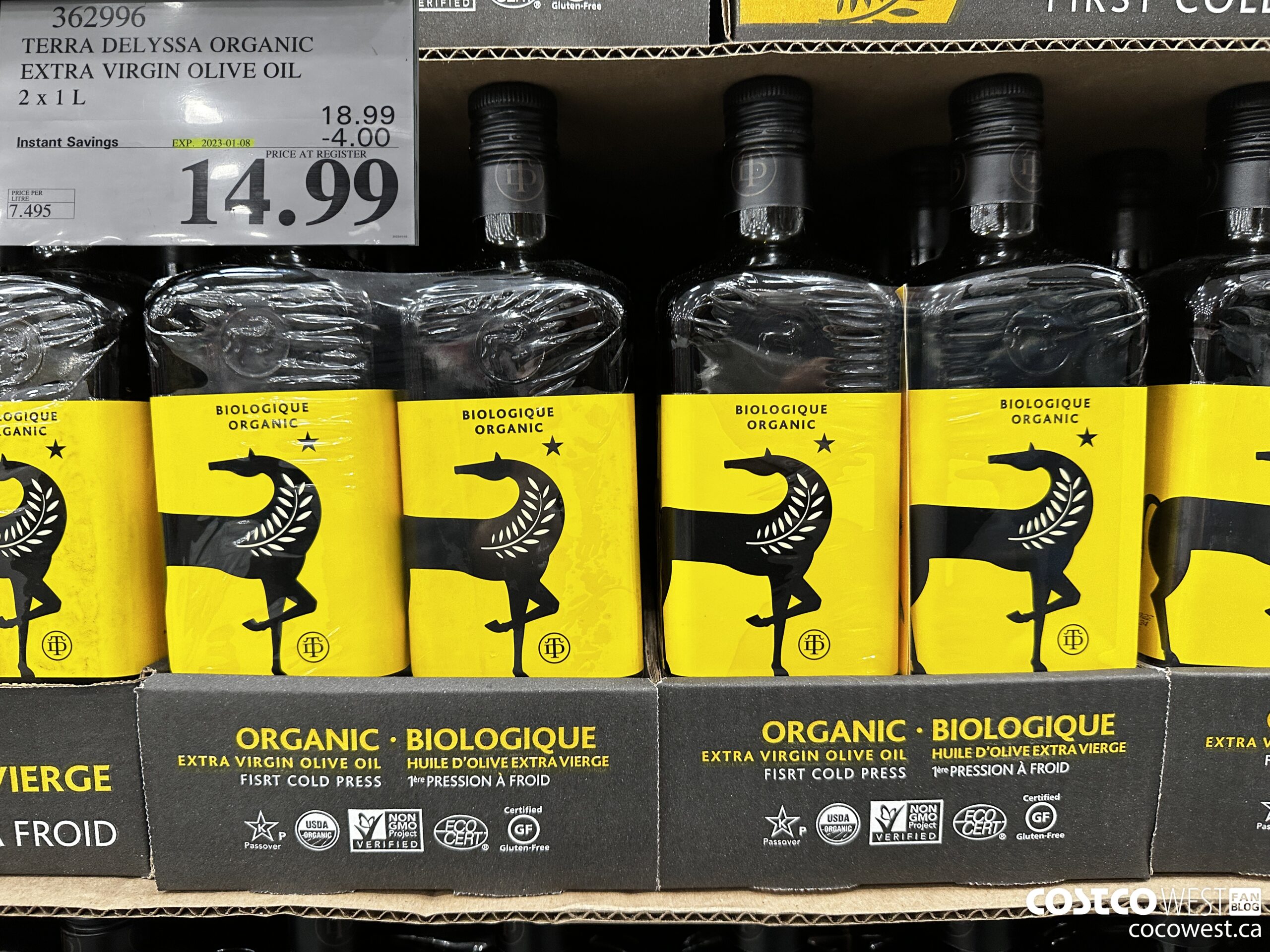 362996 TERRA DELYSSA ORGANIC EXTRA VIRGIN OLIVE OIL 2 x 1 L ($4.00 INSTANT SAVINGS EXPIRES ON 2023-01-08) $14.99