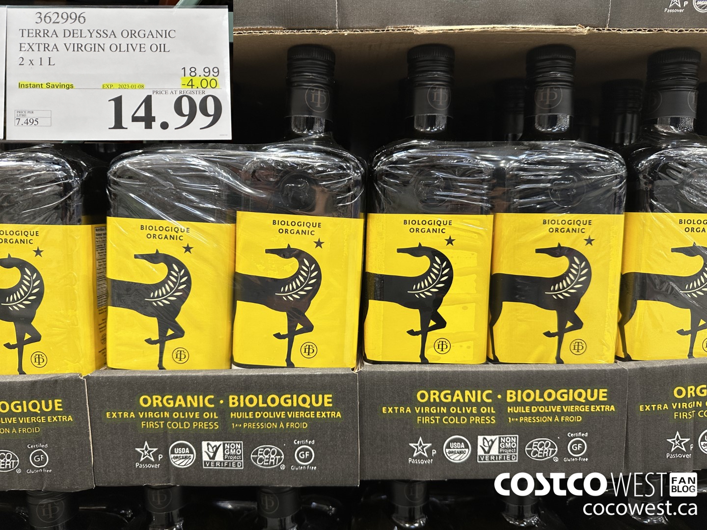 362996 TERRA DELYSSA ORGANIC EXTRA VIRGIN OLIVE OIL 2 x 1 L ($4.00 INSTANT SAVINGS EXPIRES ON 2023-01-08) $14.99