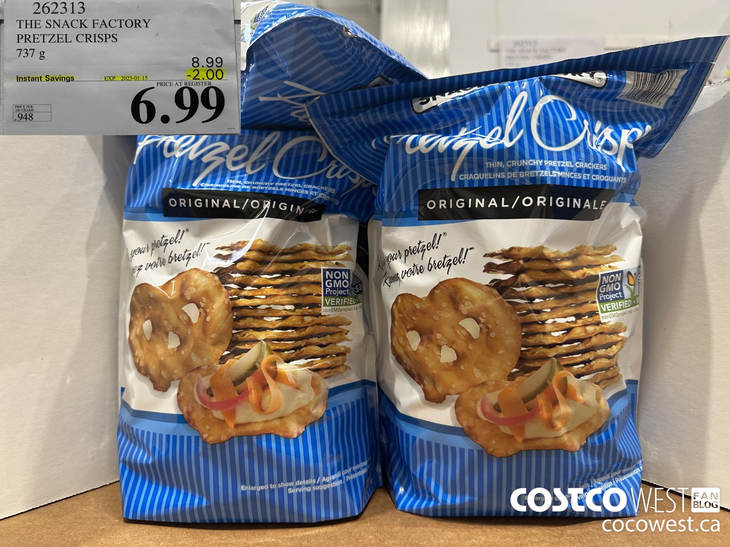262313 THE SNACK FACTORY PRETZEL CRISPS 737 g ($2.00 INSTANT SAVINGS EXPIRES ON 2023-01-15) $6.99
