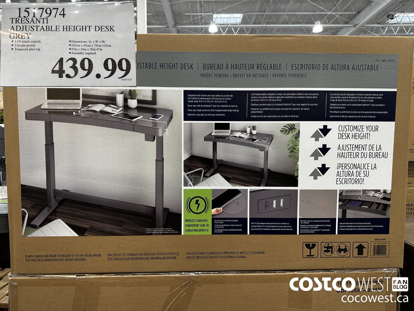 1517974 TRESANTI ADJUSTABLE HEIGHT DESK GREY $439.99