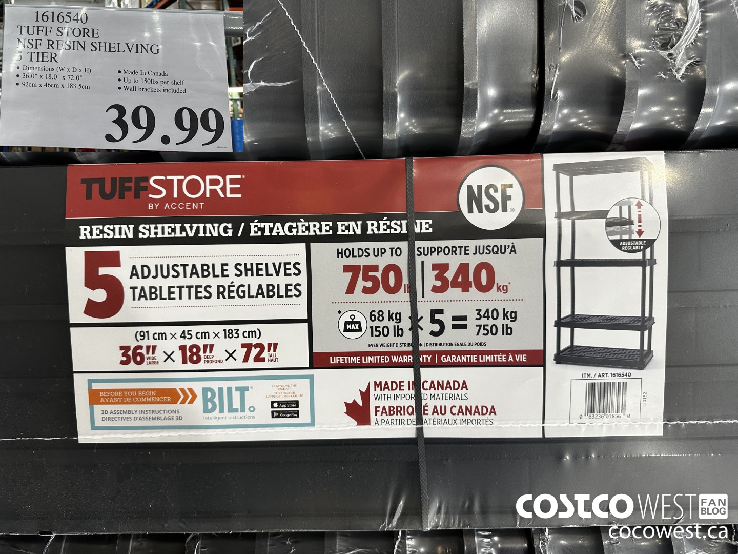 1616540 TUFF STORE NSF RESIN SHELVING 5 TIER $39.99