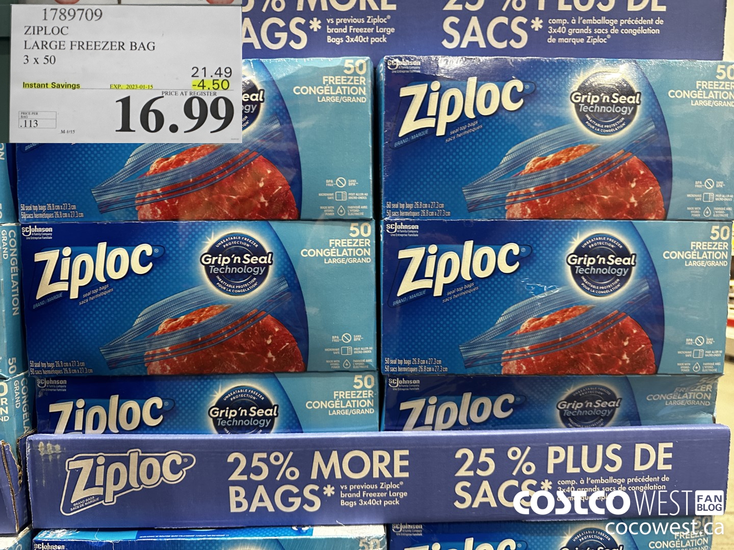 1789709 ZIPLOC LARGE FREEZER BAG 3 X 50 ($4.50 INSTANT SAVINGS EXPIRES ON 2023-01-15) $16.99