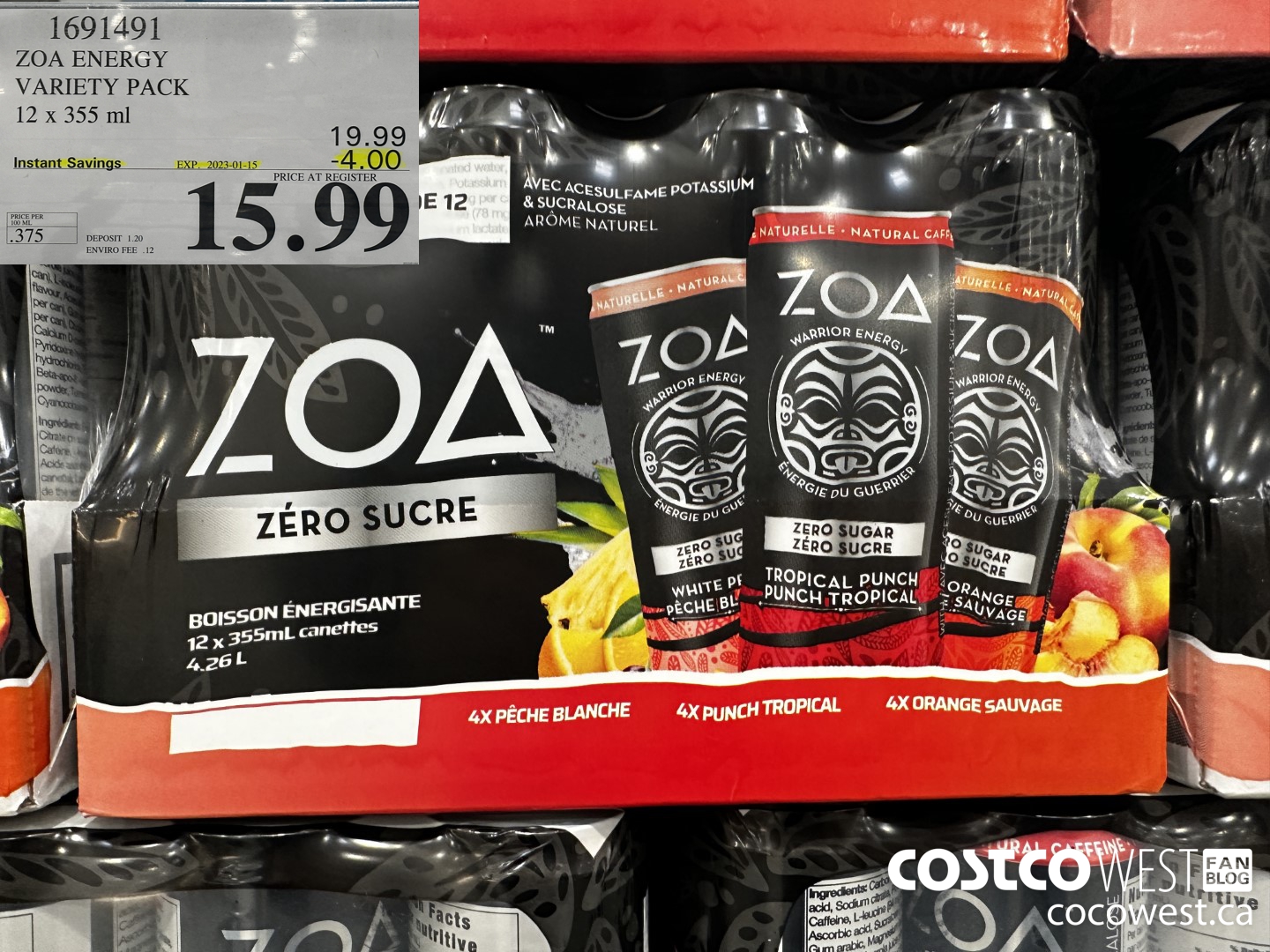 1691491 ZOA ENERGY VARIETY PACK 12 X 355 ML ($4.00 INSTANT SAVINGS EXPIRES ON 2023-01-15) $15.99