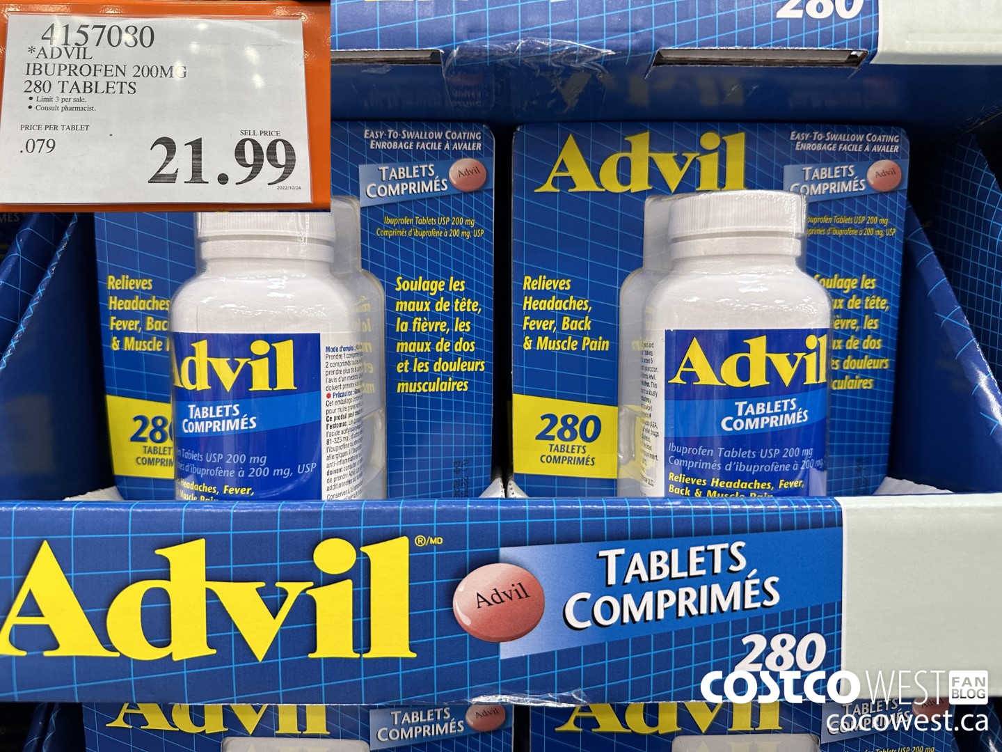 4157080 ADVIL 280 TABLETS IBUPROFEN 200MG $21.99