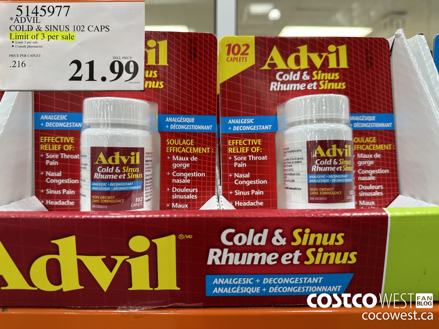 5145977 ADVIL COLD & SINUS 102 CAPS $21.99