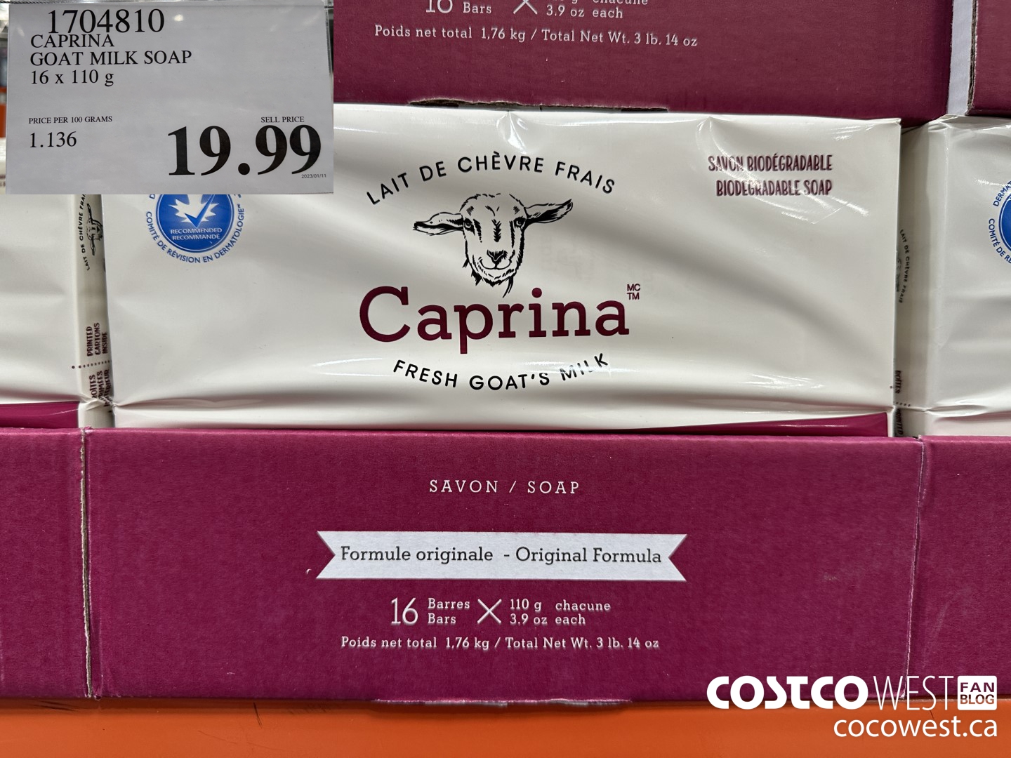1704810 CAPRINA GOAT MILK SOAP 16 X 110 G $19.99