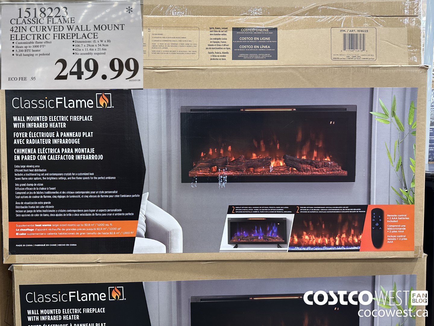 1518223 CLASSIC FLAME 42IN CURVED WALL MOUNT ELECTRIC FIREPLACE $249.99