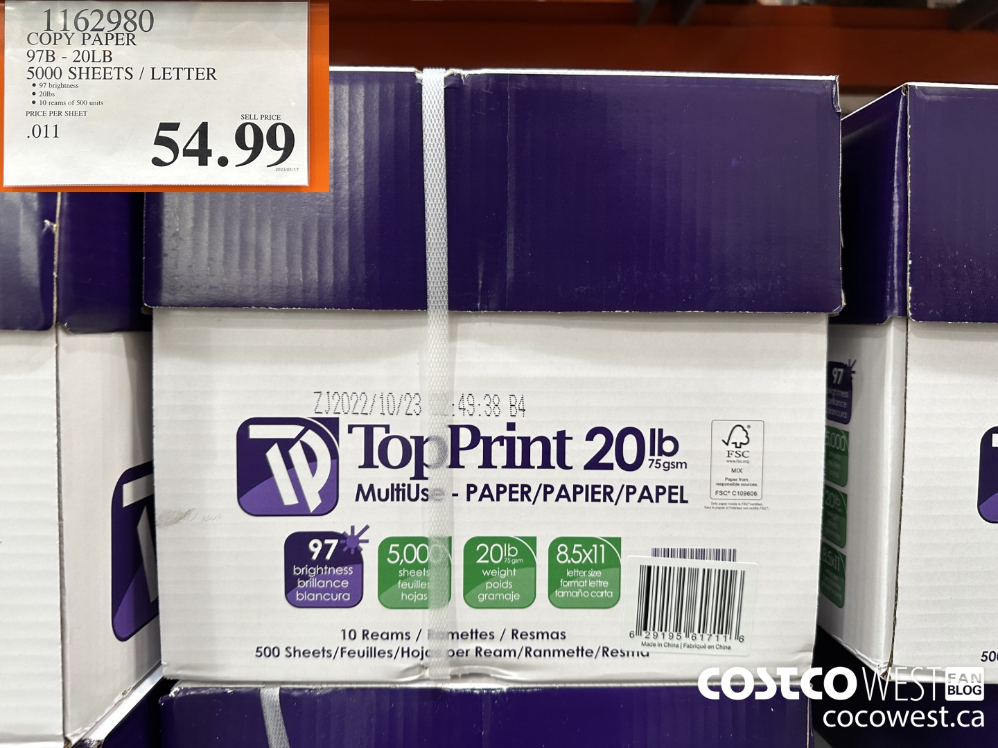 1162980 COPY PAPER 97B 20LB 5000 SHEETS / LETTER $54.99