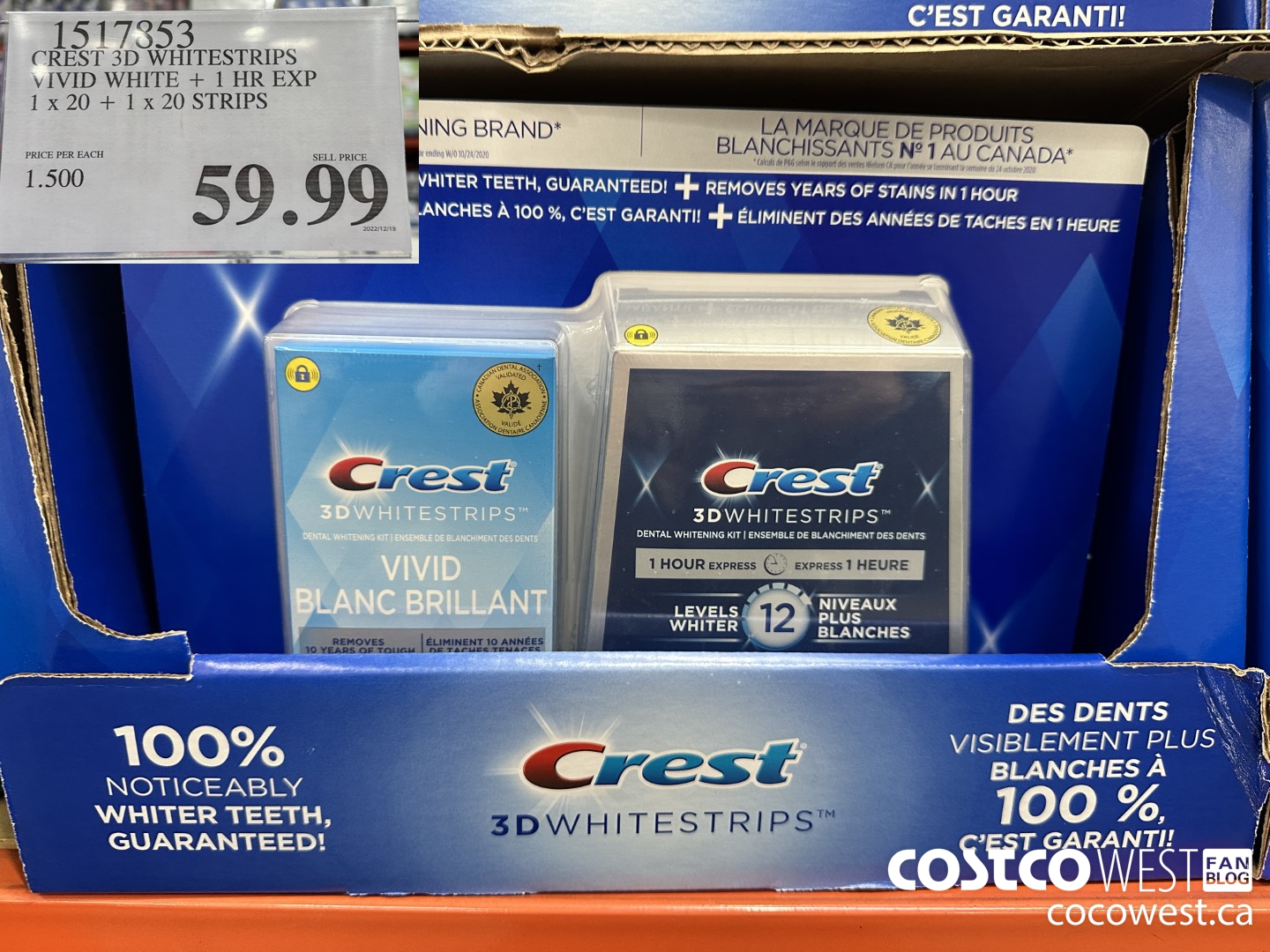 1517853 CREST 3D WHITESTRIPS VIVID WHITE + 1 HR EXP 1 x 20 + 1 x 20 STRIPS $59.99