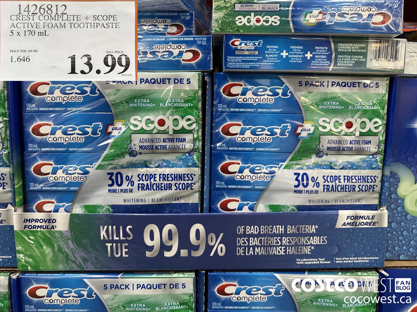 1426812 CREST COMPLETE + SCOPE ACTIVE FOAM TOOTHPASTE 5 x 170ml  $13.99