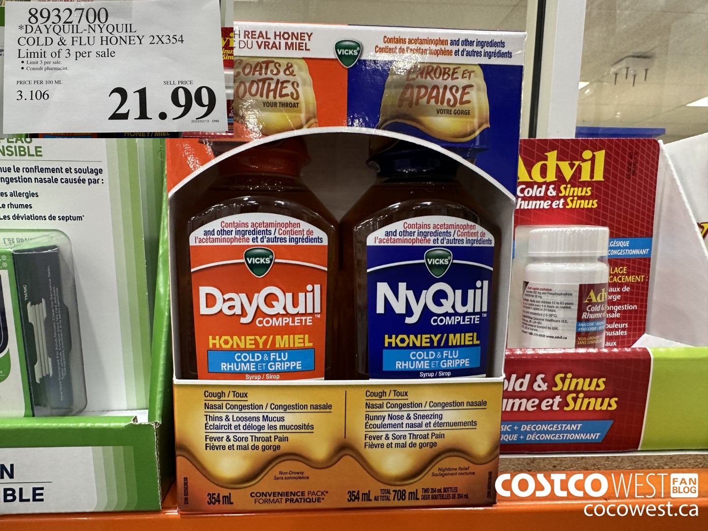 8932700 DAYQUIL-NYQUIL COLD & FLU HONEY 2 X 354 ML $21.99