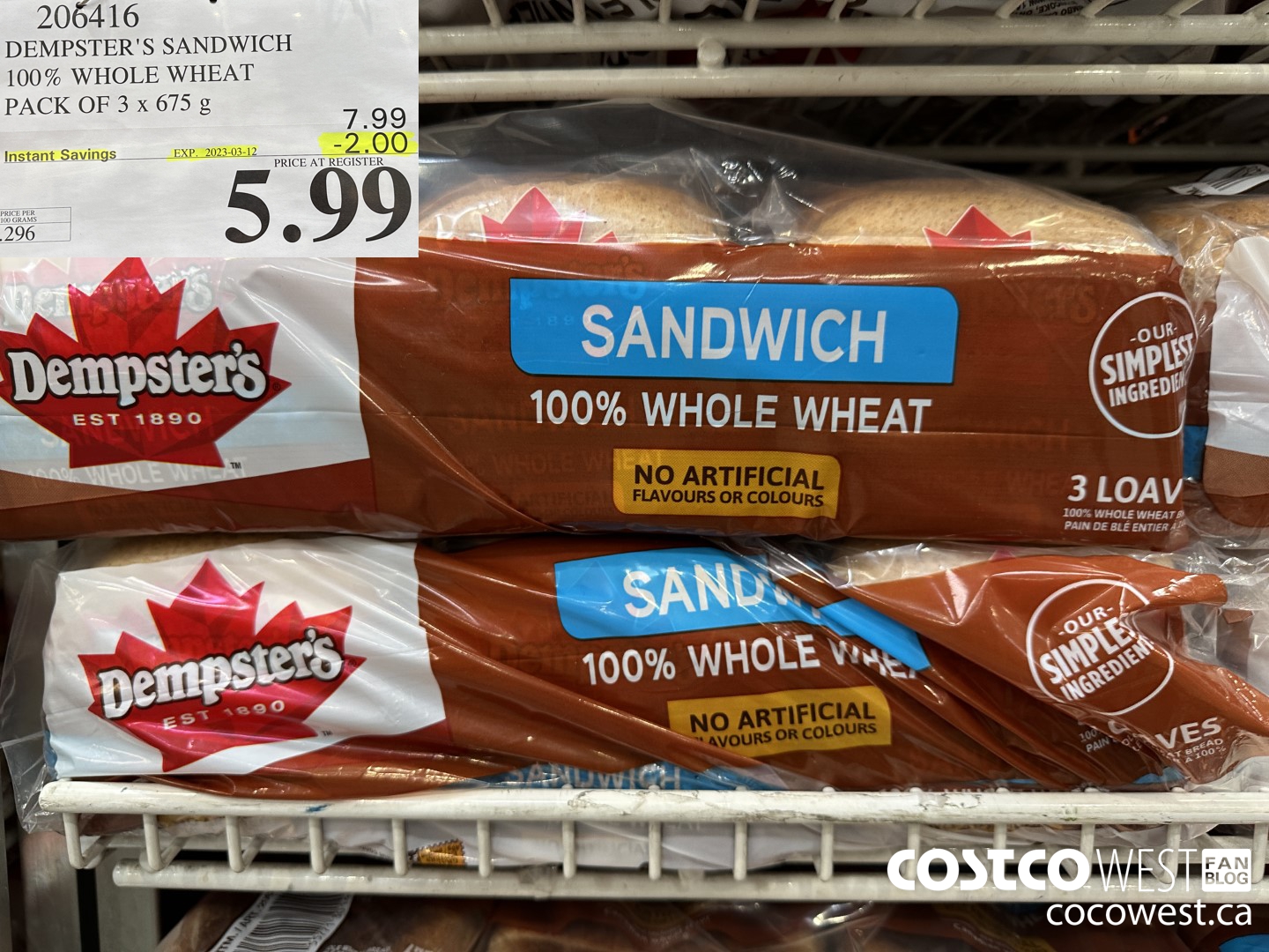 206416 DEMPSTER'S SANDWICH 100% WHOLE WHEAT PACK OF 3 x 675 g ($2.00 INSTANT SAVINGS EXPIRES ON 2023-03-12) $5.99