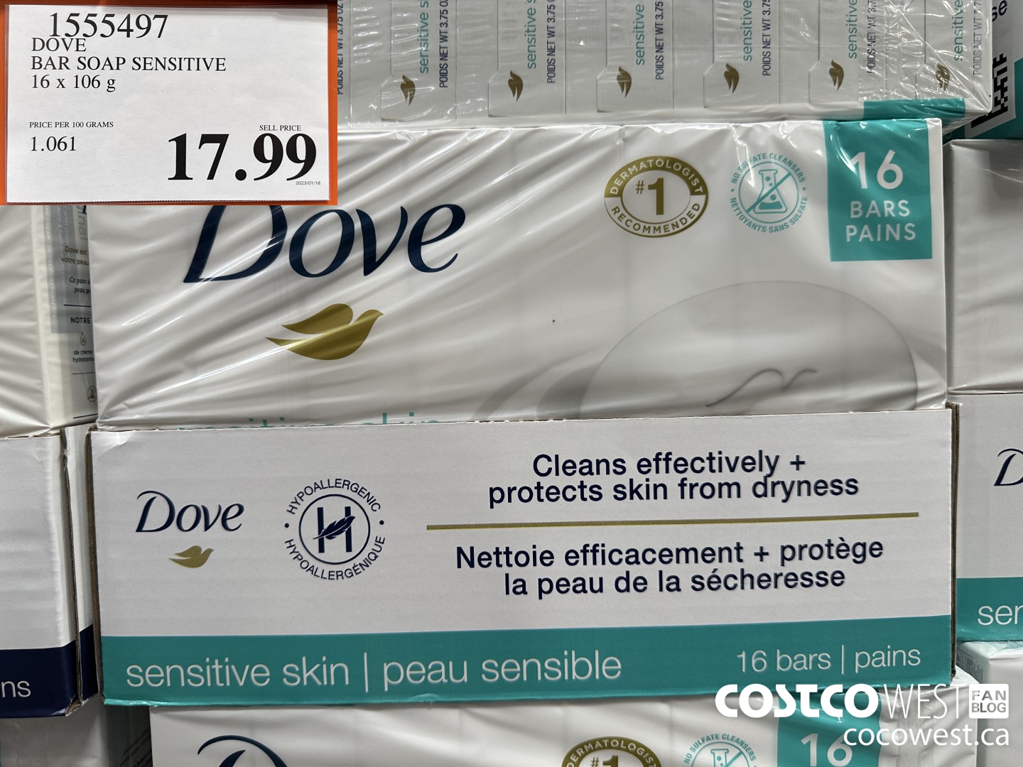 1555497 DOVE BAR SOAP SENSITIVE SKIN 16 x 106 g $17.99