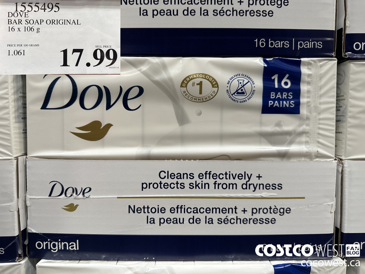 1555495 DOVE BAR SOAP WHITE 16 x 106 g $17.99