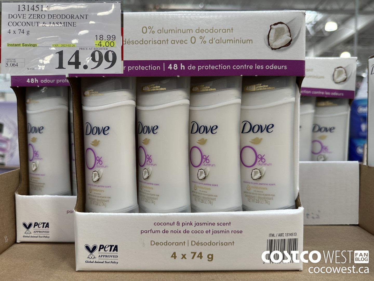 1314513 DOVE ZERO DEODORANT COCONUT & JASMINE 4 X 74 G ($4.00 INSTANT SAVINGS EXPIRES ON 2023-02-26) $14.99