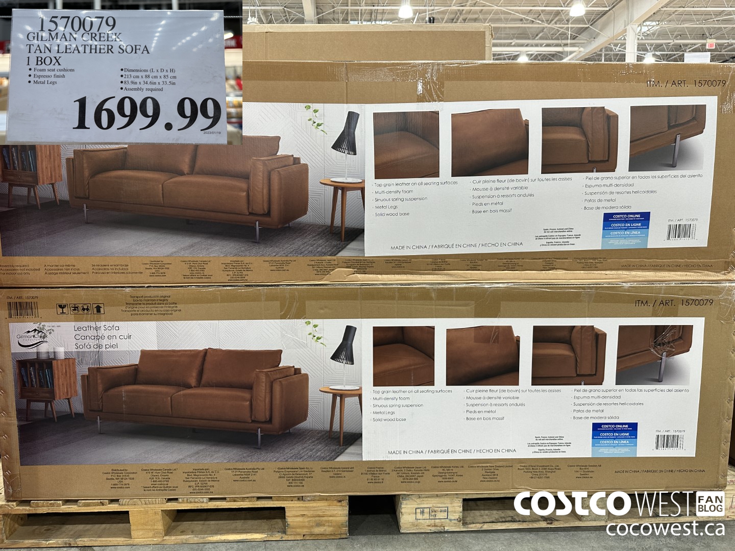 Costco Winter 2023 Seasonal Superpost Furniture Garden BBQ   GILMAN CREEK TAN LEATHER SOFA 1 BOX 20230206 115282 