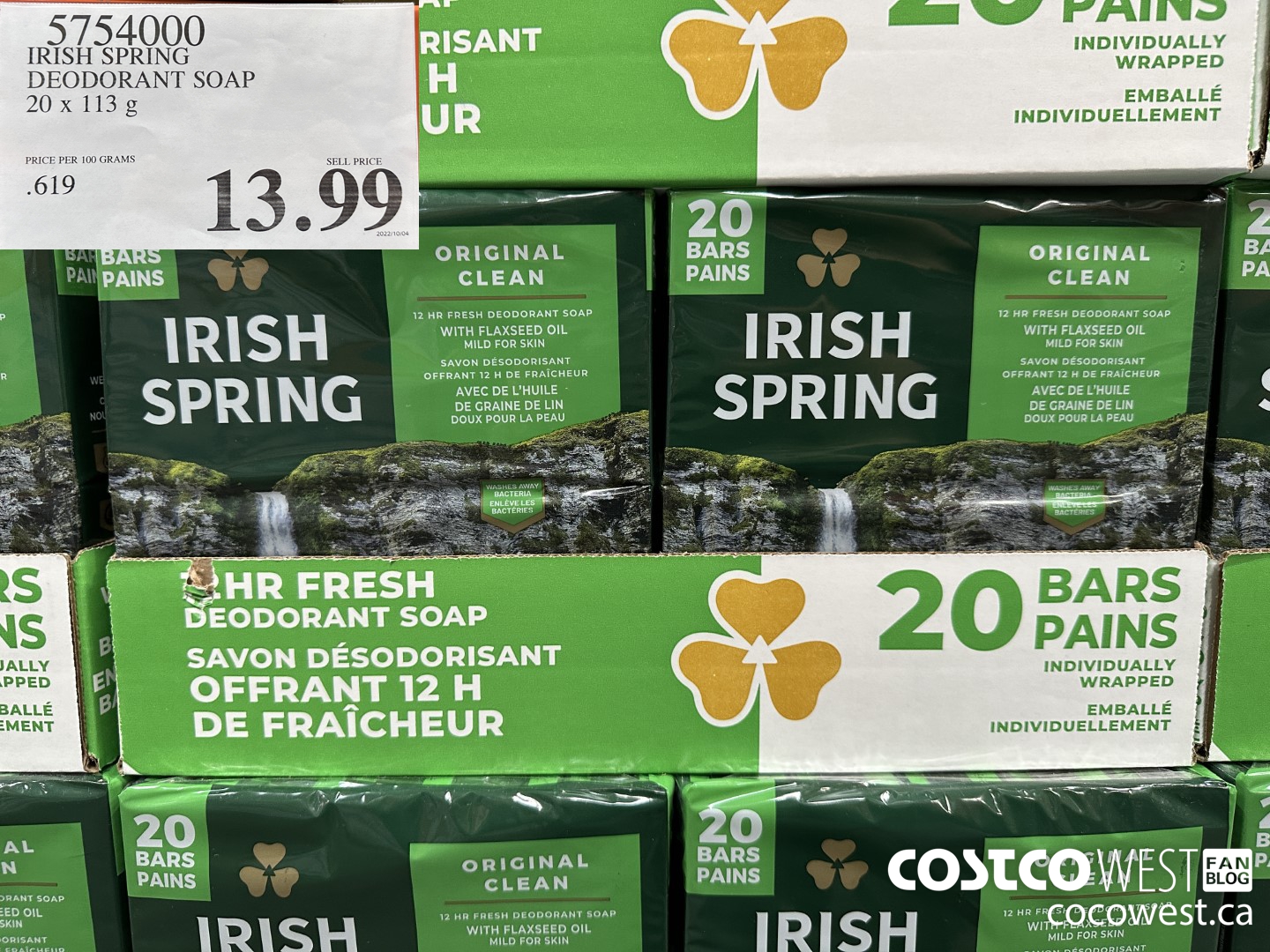 5754000 IRISH SPRING DEODORANT SOAP 20 x 113 g $13.99