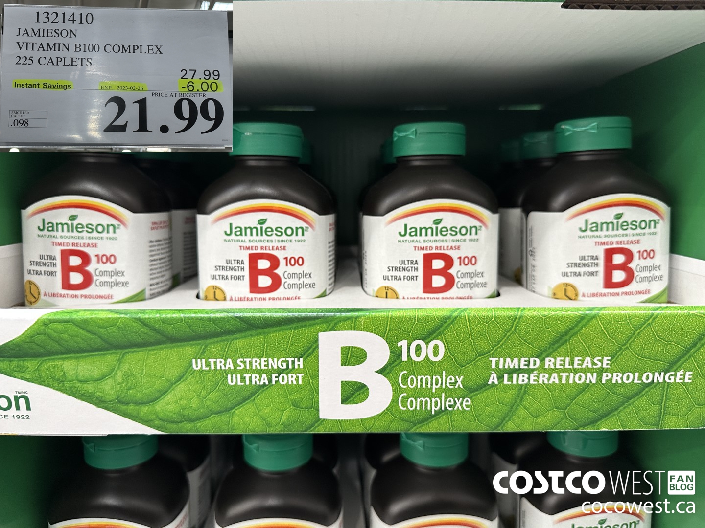 1321410 JAMIESON VITAMIN B100 COMPLEX 225 CAPLETS ($6.00 INSTANT SAVINGS EXPIRES ON 2023-02-26) $21.99
