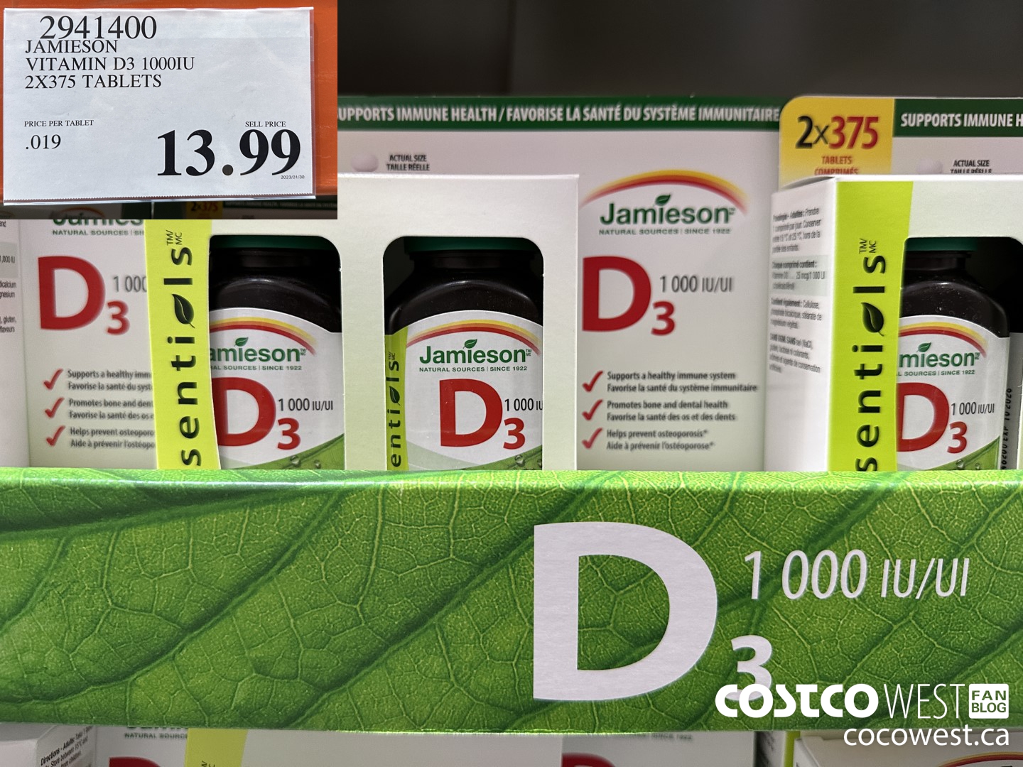 2941400 JAMIESON VITAMIN D3 1000IU 2X375 TABLETS $13.99