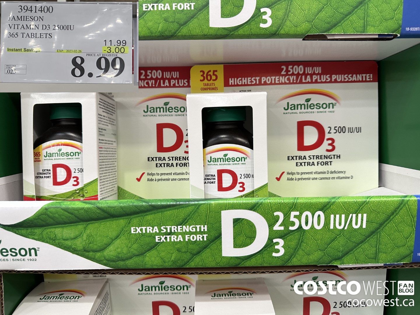 3941400 JAMIESON VITAMIN D3 2500IU 365 TABLETS ($3.00 INSTANT SAVINGS EXPIRES ON 2023-02-26) $8.99