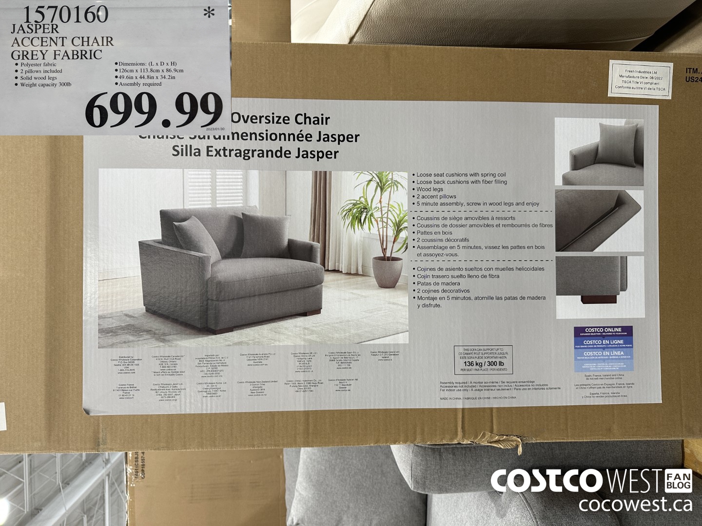 1570160 JASPER ACCENT CHAIR GREY FABRIC $699.99