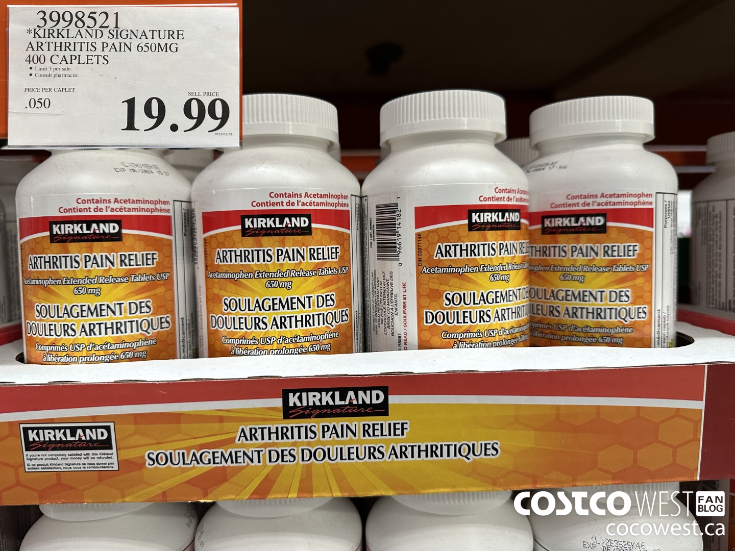 3998521 KIRKLAND SIGNATURE ARTHRITIS PAIN 650MG 400 CAPLETS $19.99
