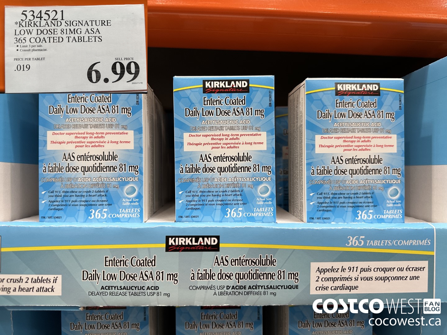 534521 KIRKLAND SIGNATURE LOW DOSE 81MG ASA 365 COATED TABLETS $6.99