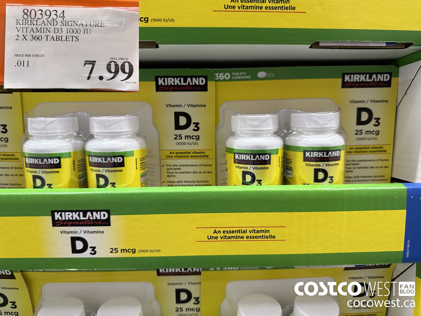 803934 KIRKLAND SIGNATURE VITAMIN D3 1000 IU 2 X 360 TABLETS $7.99