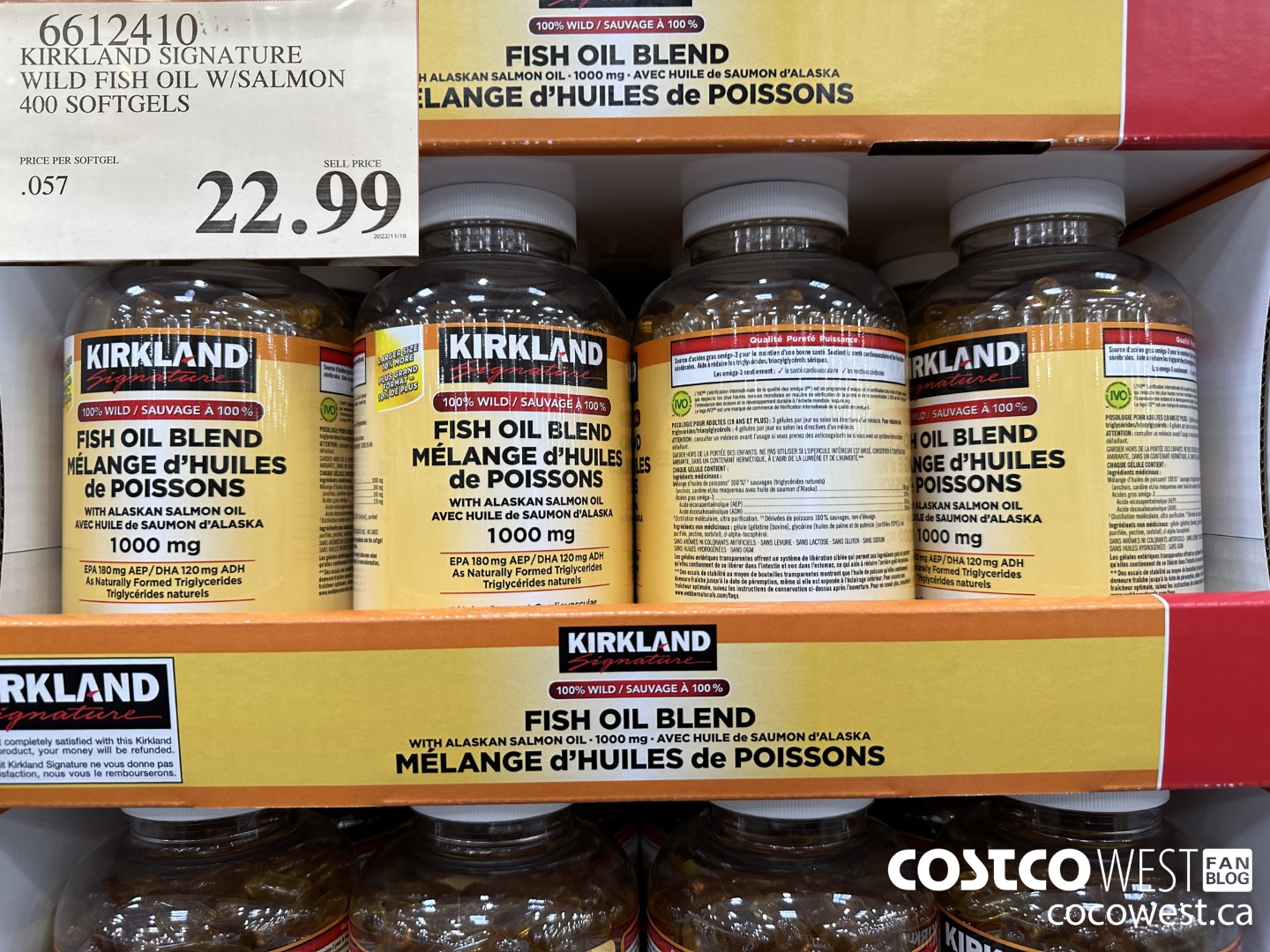 6612410 KIRKLAND SIGNATURE WILD FISH OIL W/SALMON 400 SOFTGELS $22.99