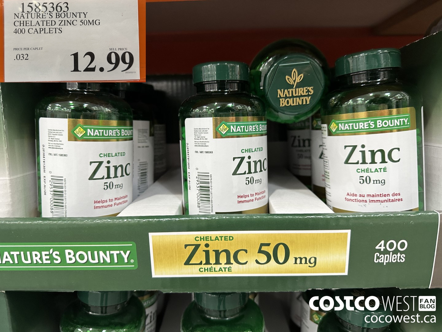 1585363 NATURE'S BOUNTY CHELATED ZINC 50MG 400 CAPLETS $12.99