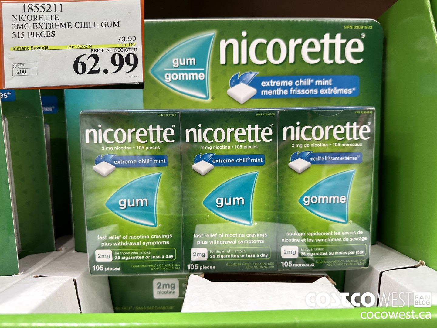 1855211 NICORETTE 2MG EXTREME CHILL GUM 315 PIECES ($17.00 INSTANT SAVINGS EXPIRES ON 2023-02-26) $62.99