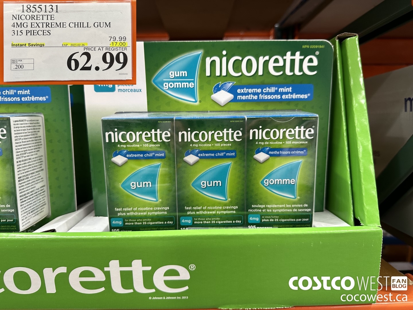1855131 NICORETTE 4MG EXTREME CHILL GUM 315 PIECES ($17.00 INSTANT SAVINGS EXPIRES ON 2023-02-26) $62.99