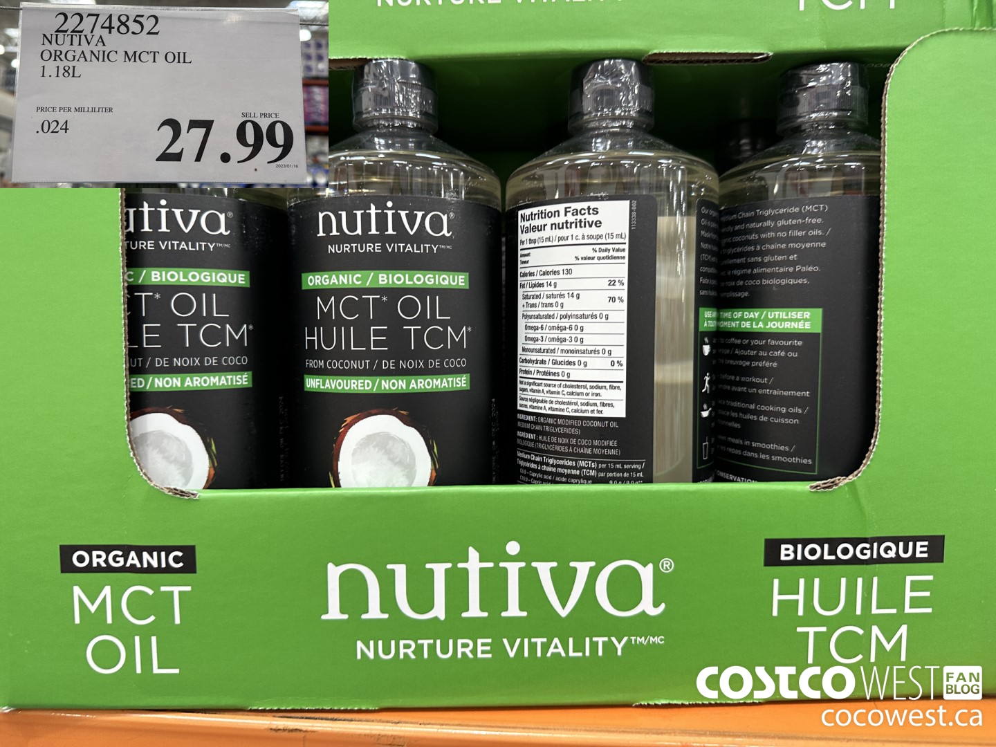 2274852 NUTIVA ORGANIC MCT OIL 1.18L $27.99