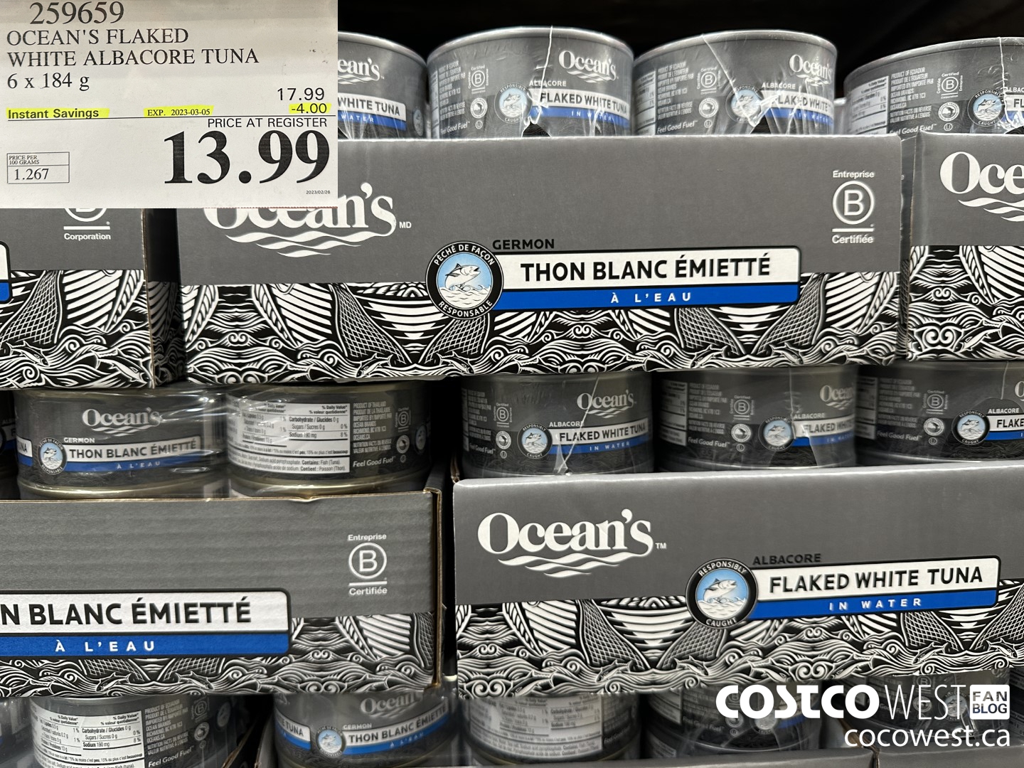 259659 OCEAN'S FLAKED WHITE ALBACORE TUNA 6 x 184 g ($4.00 INSTANT SAVINGS EXPIRES ON 2023-03-05) $13.99